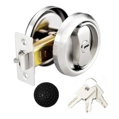 Image of XIUXLI Round Pocket Door Lock,Passage Handle Lock Knobs Lockset with 3 Keys,Privacy Latch Set, 304 Stainless Steel, Bed Room, Kitchen, Bathroom, Laundry Room Doors Throw Gate