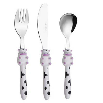 Image of EXZACT Children&#039;s Cutlery Stainless Steel 3pcs, Kids Toddler Flatware 1 x Fork, Dinner Knife, Spoon Dishwasher Safe, BPA Free, 24 Months + (Cow 3)