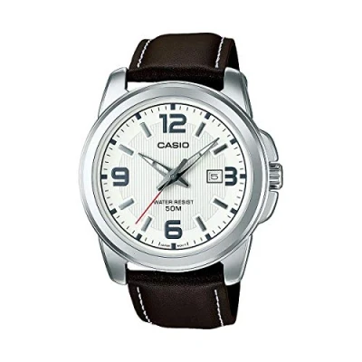 Image of Casio Gents 43.00mm Quartz Watch with White Analogue dial and Brown Leather Strap MTP 1314PL 7AVEF