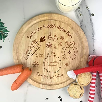 Image of eBuyGB Personalised Christmas Eve Board, Santa &amp; Rudolph Refuel Here, Mince Pie for Father Xmas, Carrot Reindeer, Wooden Treat Plate Snack Tray