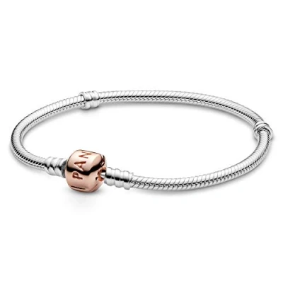 Image of PANDORA Moments Women&#039;s 14k Rose Gold Plated and Sterling Silver Snake Chain Bracelet for Charms, Size 17, No Box