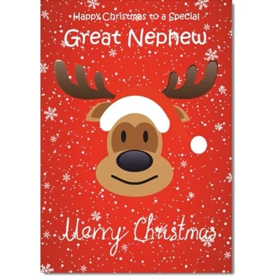 Image of doodlecards Great Nephew Christmas Card Rudolph on Red Background Medium Size with Plain Envelope