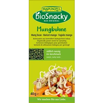 Image of Rapunzel bioSnacky Mung bean sprouting seeds Easy to grow in 3 days High dietary fibre protein Sprouts contain important vitamins and minerals Organically certified 40g