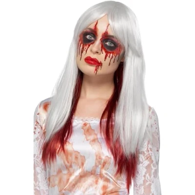 Image of Smiffys Deluxe Blood Drip Ombre Wig, White &amp; Red Heat Resistant/Styleable, Halloween Fancy Dress Accessory, Bride Up Wigs