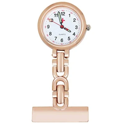 Image of TRIXES Metal Nurse Fob Watch with Brooch Lapel Pin Hanging Medical Pocket Rose Gold Tone