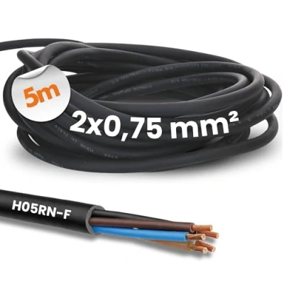 Image of 5 m Kalitec H05RN F 2 x 0.75 mm² Rubber Cable without Protective Conductor for Outdoor Use I Electric Black Construction Site Flexible UV and Oil Resistant Connection