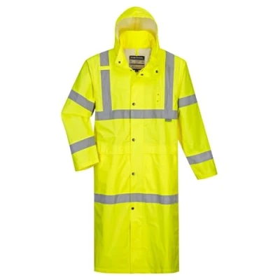 Image of Portwest H445 Men&#039;s Waterproof Hi Vis Raincoat Reflective Lightweight Long Rain Jacket with Hood Safety Workwear ANSI Class 3 Yellow, 3X Large