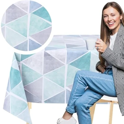 Image of KP HOME Wipe Clean Tablecloth Rectangular 78.7&quot;x 55.1&quot; (200x140cm) Plastic Table Cloth Clean, Rectangle Outdoor PVC Oil Cover Waterproof Triangular Luxe Charm Pattern