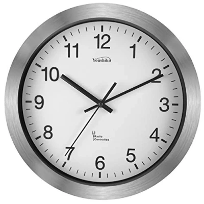 Image of Youshiko Radio Controlled Wall Clock (Official UK &amp; Ireland Version), Premium Quality, Silver, Aluminium Case 30cm, / 12 Inch Diameter, Home/Kitchen/Office/School Clock, Easy to Read