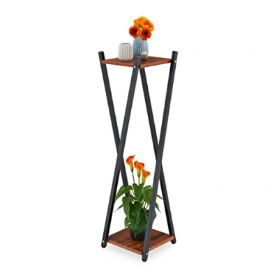 Image of Relaxdays Plant Stand, 2 Tiers in Wooden Look, Modern Pot Holder, 99x29x29 cm, Black Metal Frame X form, Dark Brown, Steel