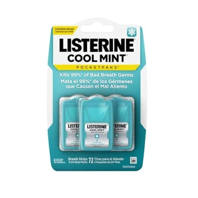 Image of Listerine Cool Mint PocketPaks Portable Breath Strips for Bad Breath, Fresh to Kill 99% of Germs* On The Go, Flavor, 72 Count (Pack 6)