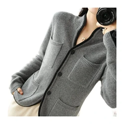 Image of VATIVA Women 100% cashmere Sweater Autumn/Winter Stand up Collar Cardigan Casual Knit Tops Jacket (Color : Grey, Size L)