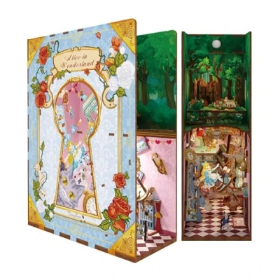 Image of Tonecheer DIY Book Nook Kit Wooden Model 3D Puzzle for Adults to Build Miniature House Dollhouses Craft with Light Christmas Birthday Gifts(Alice in Wonderland)