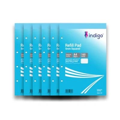 Image of indigo® A4 Refill Pad 160 Pages Headbound Perforated Punched Hole (Pack 6, 5mm Squares)