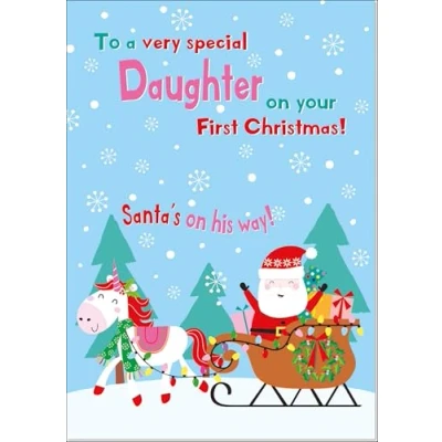 Image of doodlecards Daughter 1st Christmas Card Magic Santa&#039;S Sleigh with Unicorn Medium Size Plain Envelope