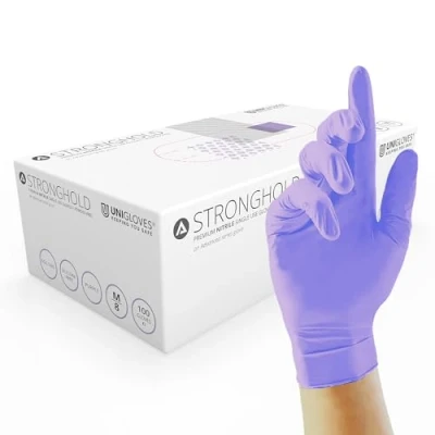Image of Unigloves Advanced Stronghold+ GM0071 Nitrile Examination Multipurpose, Powder Free, Latex Free Disposable Gloves, Box of 100 Purple, Extra Small