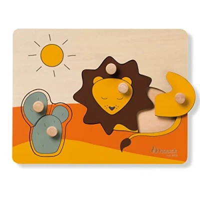Image of Hauck Wooden Jigsaw Puzzle Baby N Sort 1+ Years FSC® Certified with Easy to Grip Knobs Educational Animal (Lion)