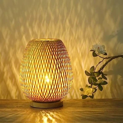Image of GUANSHAN Bamboo Woven Table Lamp Lampshade Lighting Decorative Night Light for Bedroom, Living Room, Dimmable Switch, Style 1