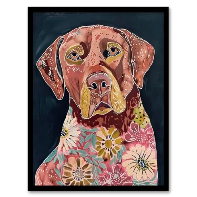 Image of Artery8 Dog Lover Floral Red Labrador Folk Watercolour Living Room Artwork Framed Wall Art Print 18X24 Inch