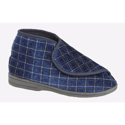 Image of Mens Navy Check Velour Washable Touch Fastening Bootee Slipper Bertie Size UK 10