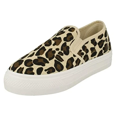 Image of Spot On Ladies Platform Animal Print Canvas Pumps F80523 Natural Leopard UK Size 6 EU 39 US 8