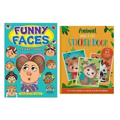 Image of Anila&#039;s Set of 2 Books: Girls Funny Faces Sticker Book Animal Make a Face by Eurowrap. Ideal for Children Aged 3 8
