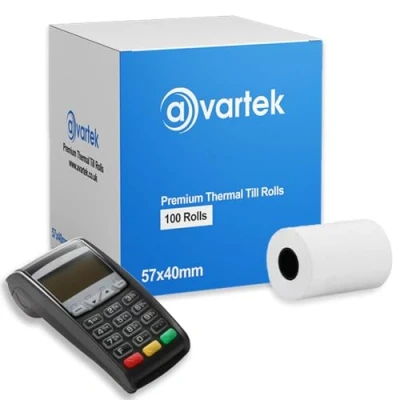 Image of 57 x 40mm Premium Thermal Paper Till Receipt Rolls for PDQ Credit Card Machine, POS, EPOS, Machines, Barclaycard, Verifone, Ingenico, Sagem, Spire, Pax, Worldpay [Pack of 100] AVARTEK