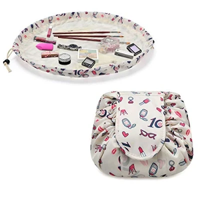 Image of URAQT Makeup Bags for Women, Lazy Drawstring Cosmetic Bags, Large Capacity Flat Toiletry Waterproof Portable Travel Organiser