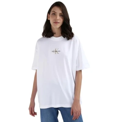 Image of Calvin Klein Jeans Women&#039;s Monologo Boyfriend Short Sleeve Round Neck T Shirt, White (Bright White), XXL