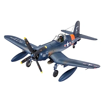 Image of Revell Model Set 63955 F4U 4 Corsair 1:72 Scale Unbuilt/Unpainted Plastic Kit with Contacta Professional Glue, Paintbrush &amp; Selected Aqua Color Paints