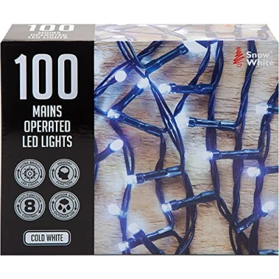Image of VFM Cold White 100 LED 7M Christmas Lights Festive Bright String Xmas Tree Wedding Fairy Lighting Indoor &amp; Outdoor Mains Operated Multi Function Control
