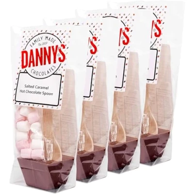 Image of Danny&#039;s Hot Chocolate Spoons Smooth &amp; Creamy Caramel Mighty Milk with Mallows 4 x Stirrer and Marshmallows