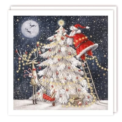 Image of Tracks Publishing Charity Christmas Cards Santa and Rudolph Decorating the Tree Eco Friendly Recyclable Pack of 10