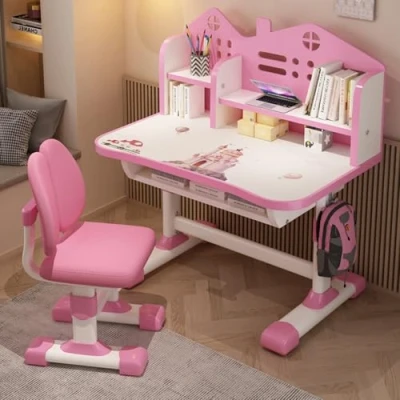 Image of yifaeux Kids Functional Desk and Chair Set, Ergonomic Height Adjustable Children School Study with Bookstand Widened, Table Storage Drawer for Boys Girls(Pink) Pink