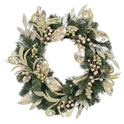 Image of 60cm Pre Lit Christmas Wreath Gold Silver Leaves Berries Pine Foliage Indoor Outdoor Battery Operated