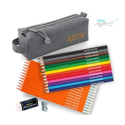 Image of Personalised Marl Grey Block Pencil Case with 12 Colouring Pencils, Matching HB Pencils Erasers Plus Helix Oxford Sharpener and Eraser Printed in UK by &#039;That&#039;s My Pencil&#039; (Orange)