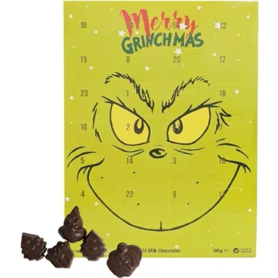 Image of SKYTE® Chocolate Advent Calendar Gift Hamper Christmas Gifts Countdown Cocoa For Kids or Adults White Milk Dark 2023 (Grinch Chocolate)