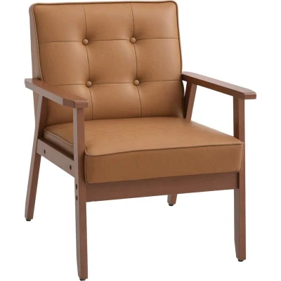 Image of HOMCOM Armchair, PU Leather Accent Chair, Occasional Chair with Rubberwood Frame for Living Room, Reception, Bedroom, Balcony, Brown