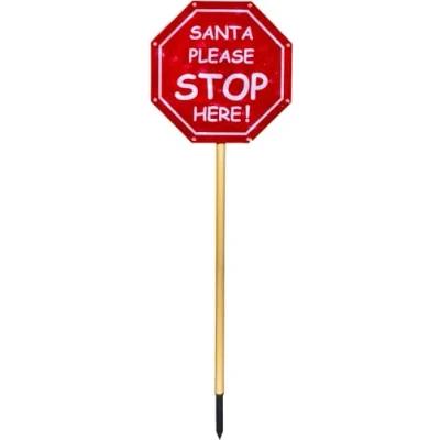 Image of Electrovision Xmas Haus Outdoor LED Light Up Santa Stop Here Sign Battery Operated with Timer for Festive Christmas Decoration