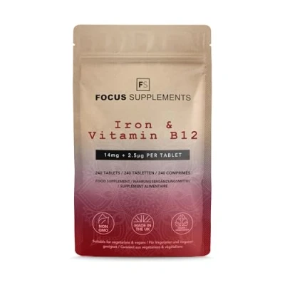 Image of FS Iron Tablets with B12 High Strength Vitamin 240 14mg &amp; 2.5µg per Serving Supplements Non GMO, Gluten Allergen Free Made in The UK