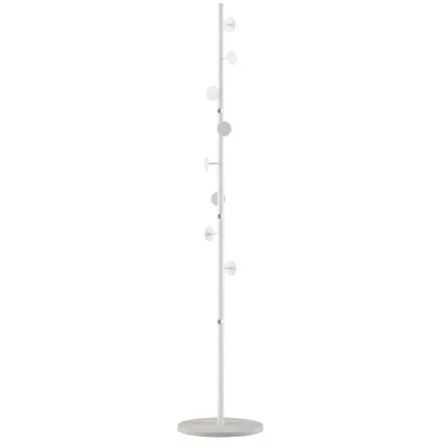 Image of HOMCOM Coat Rack Free Standing Hall Tree with 8 Round Disc Hooks for Clothes, Hats,Purses, Steel Entryway Stand Marble Base Entryway, Living Room, Bedroom, White