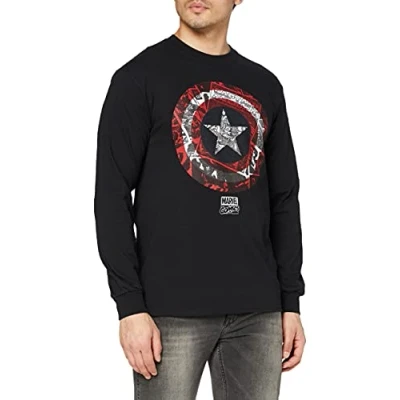 Image of Marvel Men&#039;s Captain America Comic Shield Long Sleeve Top, Black, M UK