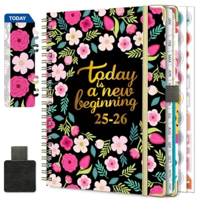Image of Diary 2025 2026 Week to View A5 Academic July June (12 Months) Planner with Self adhesive pen loop, Ruler Bookmark &amp; Stickers (Red)