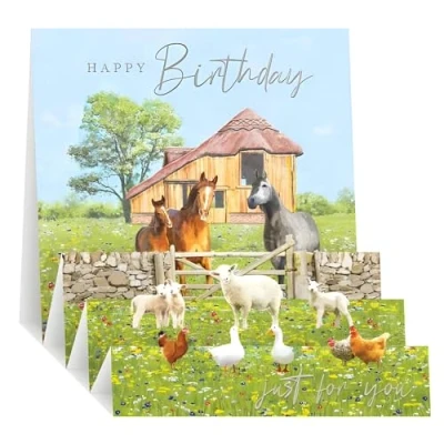 Image of 3D Pop Up Birthday Card Male/Female for Him/Her Horse and Farm Animals Design Special Finishes Made in the UK Eco Friendly