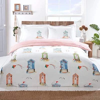 Image of Rapport Home Beach Huts and Flying kites Microfibre Reversible Double Duvet Set Padstow 180 threadcount Cover