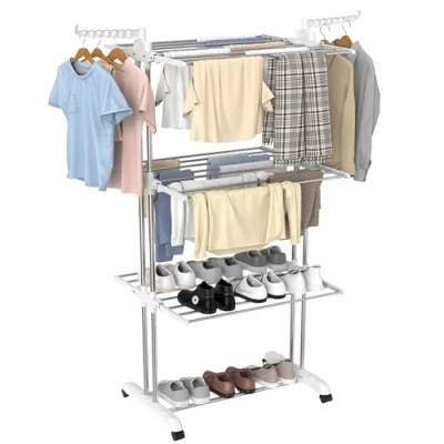Image of Innotic Clothes Drying Rack Foldable 4 Tier Airer Stainless Steel Portable Rail Laundry Dryer Hanger with Wheels for Indoor Outdoor, White+Grey