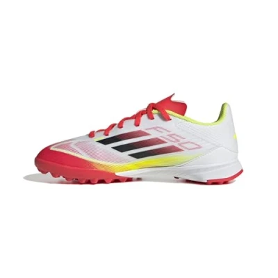 Image of adidas Performance F50 League TF Unisex Astro turf trainers for kids, Size: 11.5K, Footwear white/core black/solar yellow Textile/synthetics