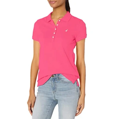 Image of Nautica Women&#039;s 5 Button Short Sleeve Breathable 100% Cotton Polo Shirt, Leis Pink, XL