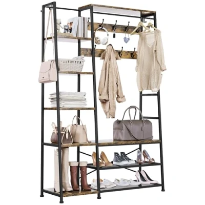 Image of YITAHOME Coat Rack Stand, Large Hall Tree with Bench, Industrial Shoe Storage, Floorstanding Clothes Rail 9 Hooks and 5 Shelves Garment for Hallway, Living Room, Rustic Brown