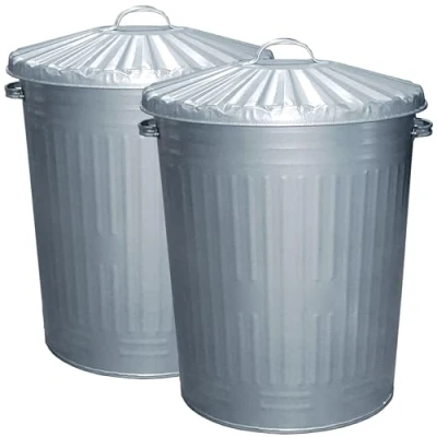 Image of 2x Large Galvanised Metal Bins with Dustbin Lids 95 Litre Ideal for the Home, Kitchen Rubbish, Outdoor Bins, Animal Feed, Pet Food 95L